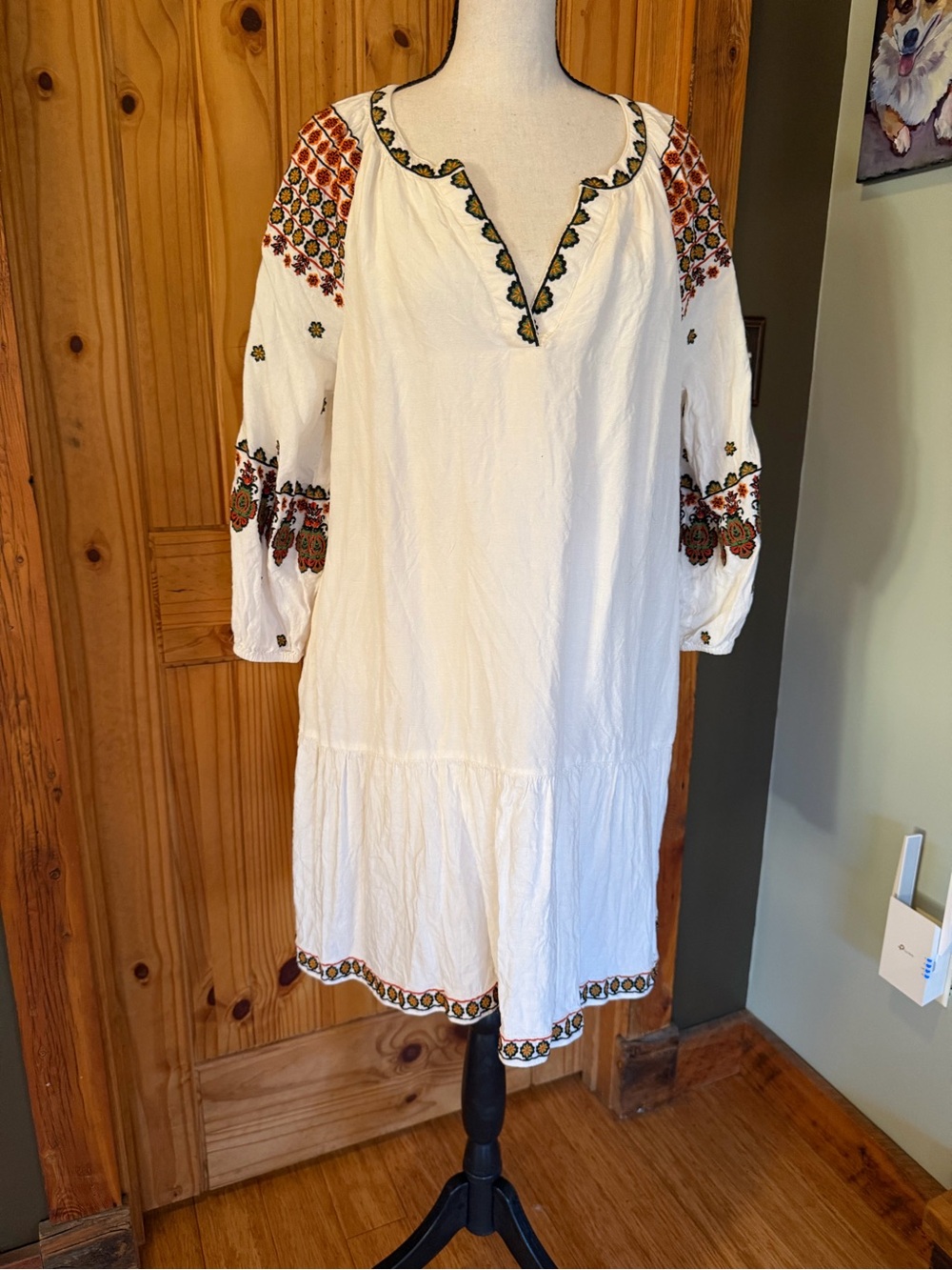 Karen Kane White Boho Embroidered Long Sleeve Dress with Rust and Olive Accents